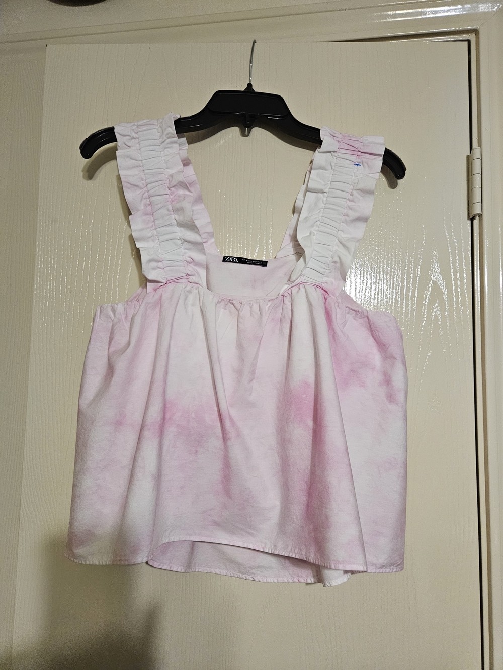 Zara Pink and White Ruffle-Strap Crop Top